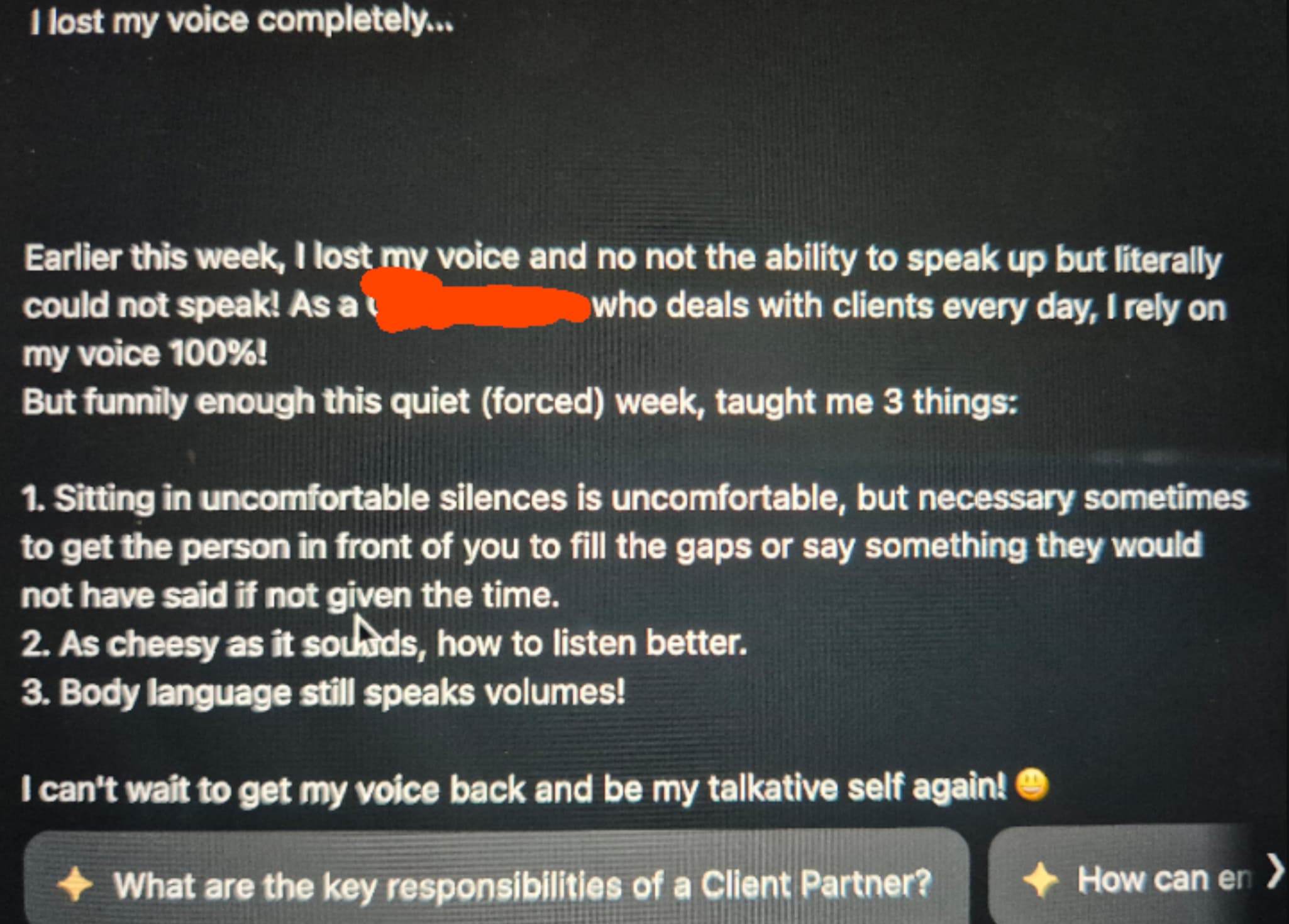 goldfish - I lost my voice completely... Earlier this week, I lost my voice and no not the ability to speak up but literally who deals with clients every day, I rely on could not speak! As a my voice 100%! But funnily enough this quiet forced week, taught